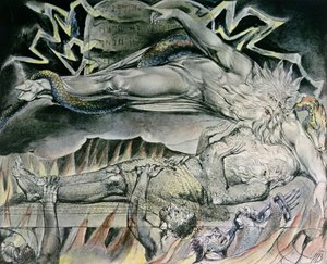 Illustrationen des Buches Hiob; Hiobs böse Träume, die Hiobs Gott zeigen, der zu Satan mit gespaltenem Huf geworden ist und von einer Schlange umschlungen wird, die auf die mosaischen Gesetzestafeln zeigt, 1825 (Feder, Aquarell über)